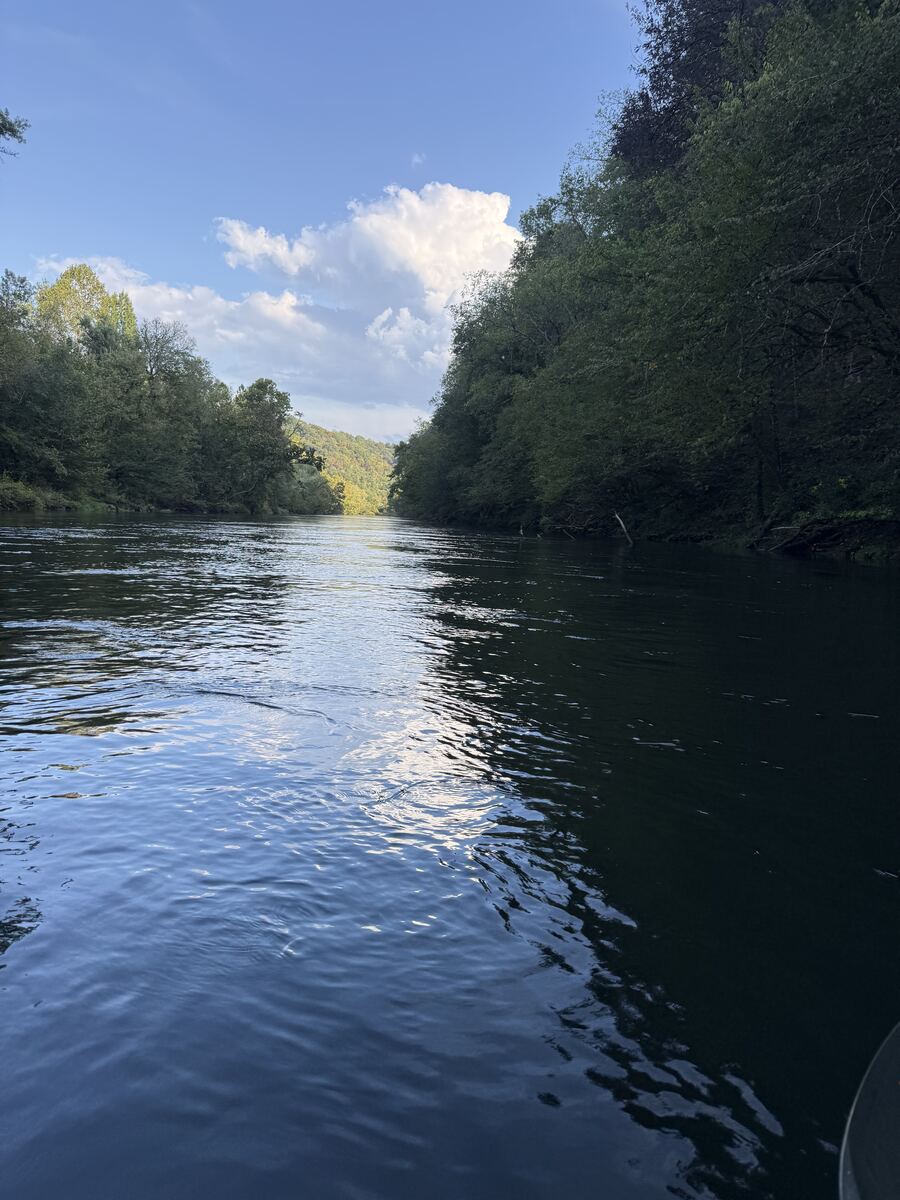 Calm river view from a kayak under a blue sky